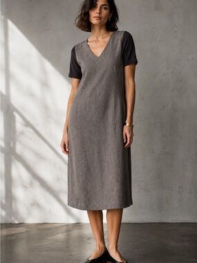 TONET Italy Linen Cotton Mixed Media Midi Dress Gray Brown IT 42 Medium